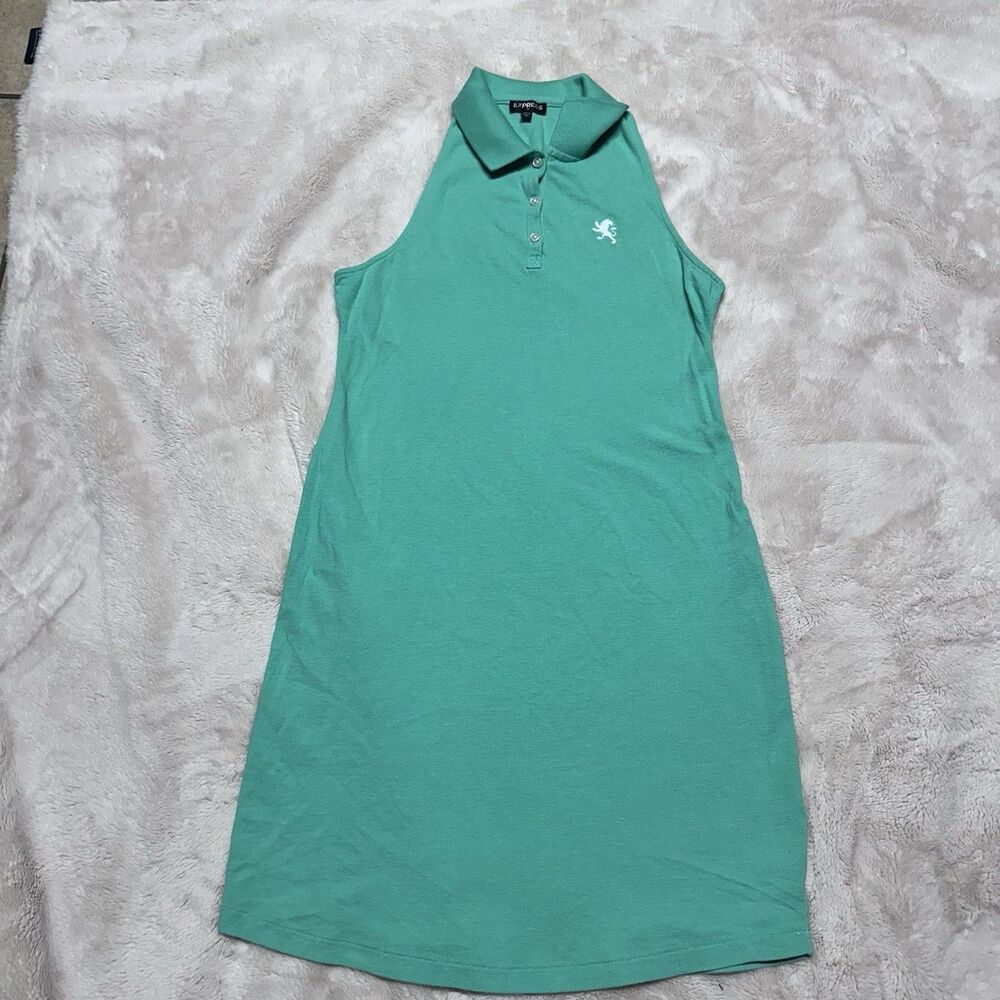 Express Womens Small Sleeveless Polo Mini Dress Green Pique Cotton Lion Logo